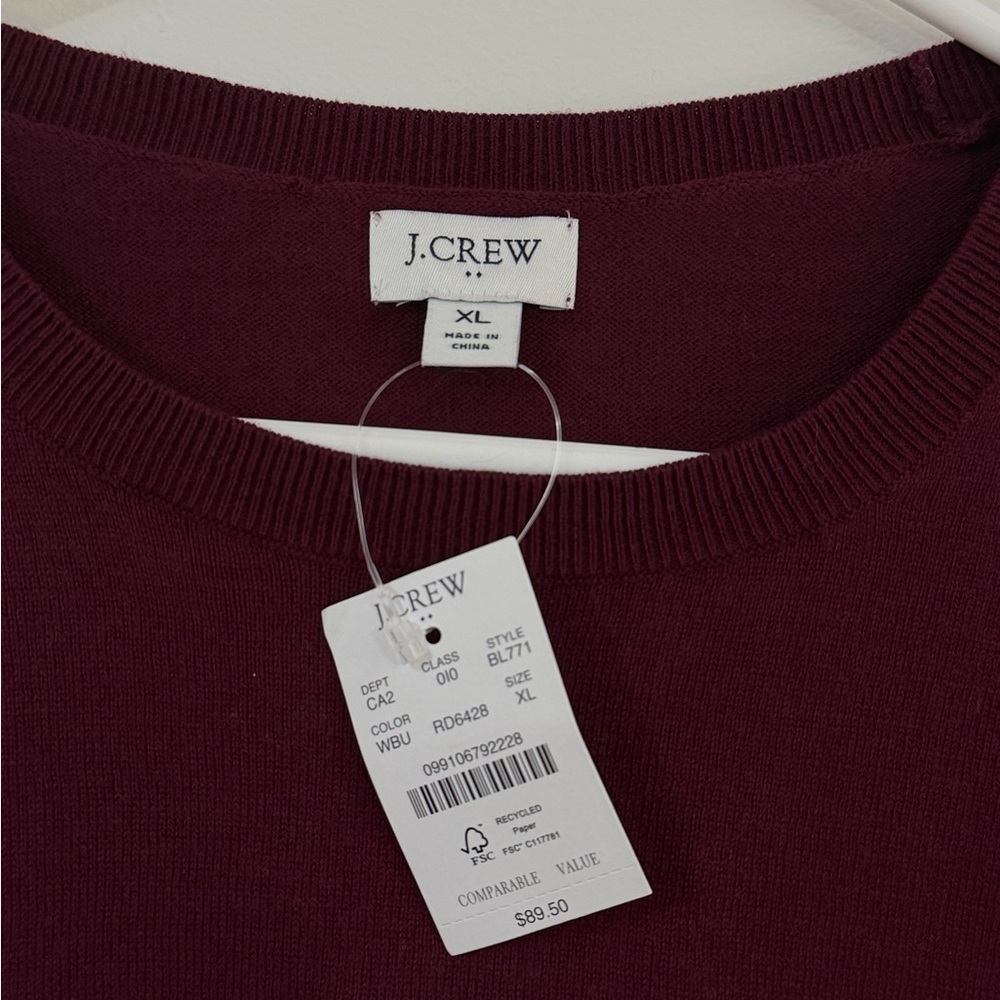 NWT J. Crew 100% Cotton Round Neck Sweater Maroon Button Shoulder Ruffled Preppy - Picture 5 of 12